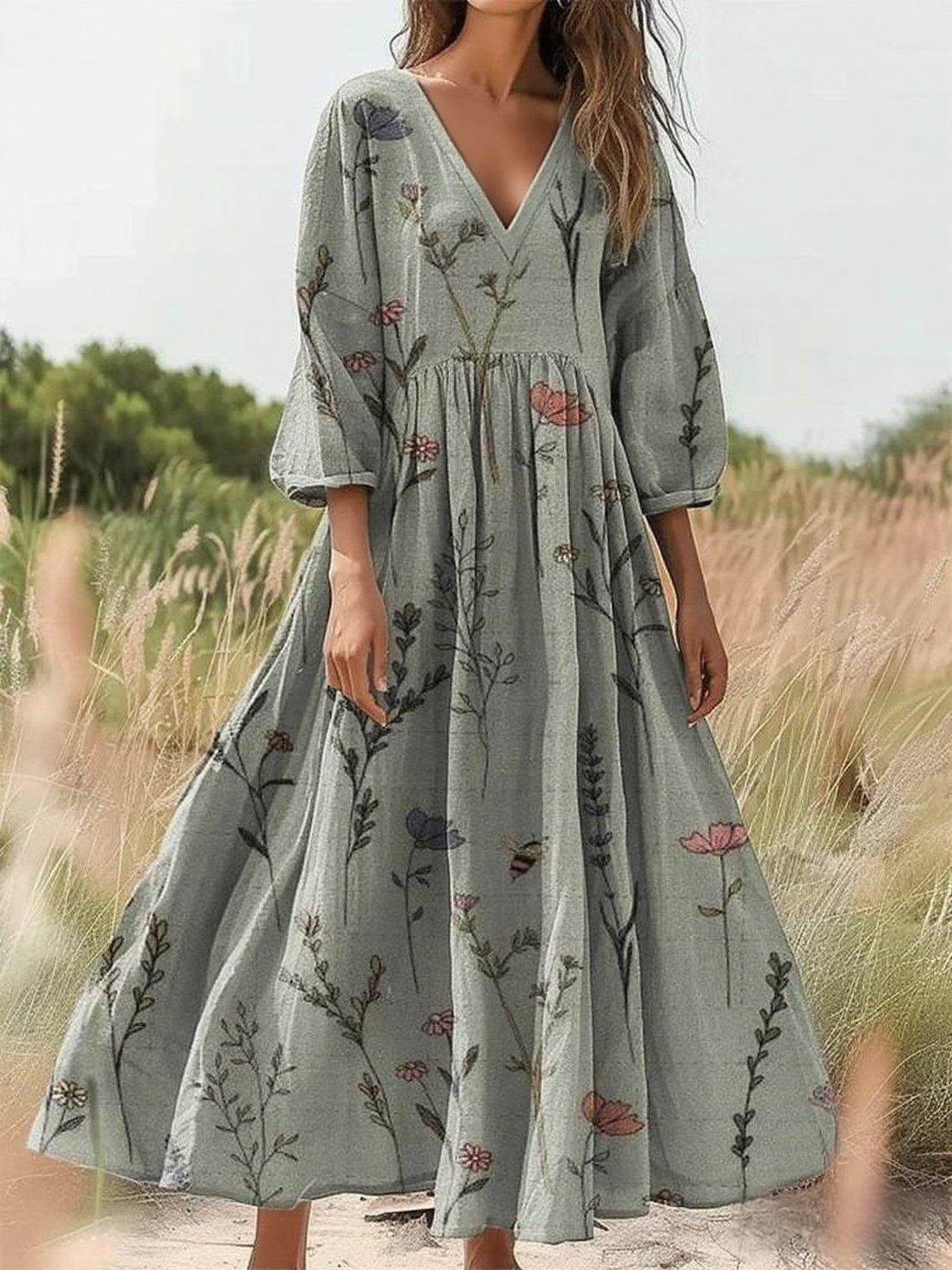 Femmes Floral Comme Image Col Rond Confortable Robe Maxi Décontracté
