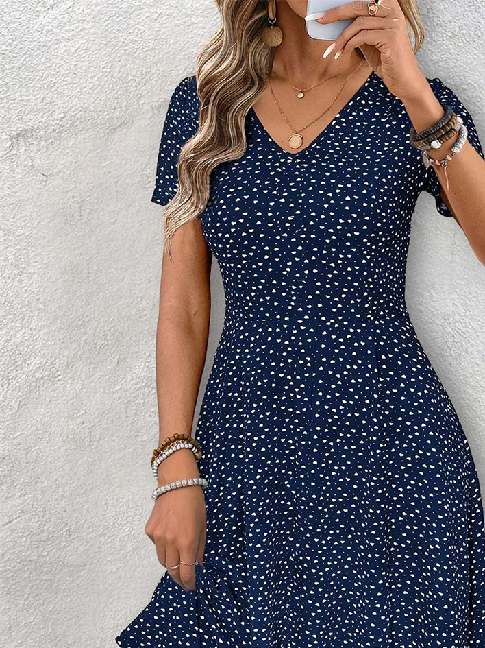 Femmes Abstrait Pois Polka Bleu Violacé Col V Confortable Robe Mi-Longue Décontracté