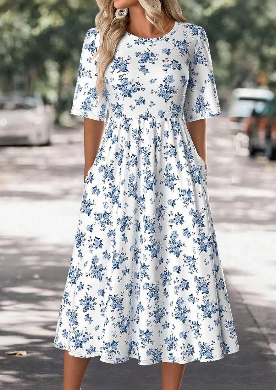 Femmes Floral Bleu Col Rond Confortable Robe Maxi Décontracté