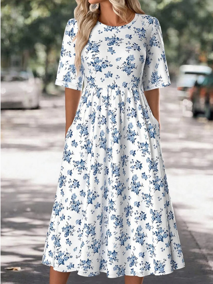 Femmes Floral Bleu Col Rond Confortable Robe Maxi Décontracté