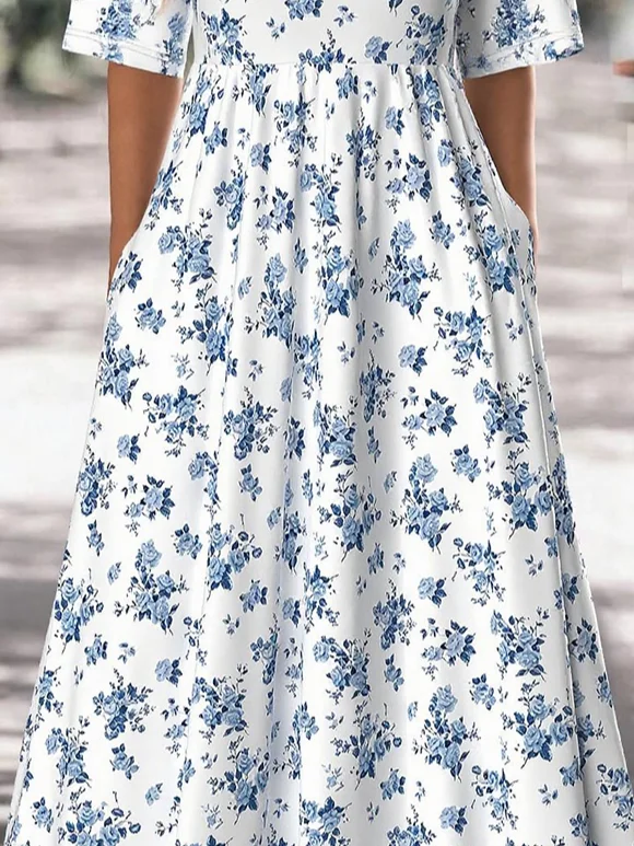 Femmes Floral Bleu Col Rond Confortable Robe Maxi Décontracté