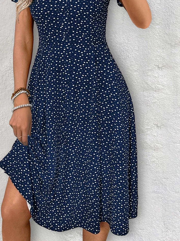 Femmes Abstrait Pois Polka Bleu Violacé Col V Confortable Robe Mi-Longue Décontracté