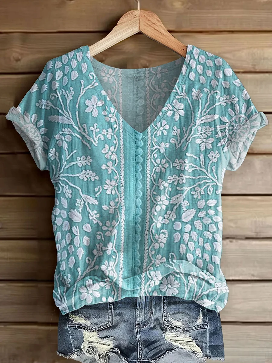 T-shirts Femmes Décontracté Floral Été Polyester Col V Imprimé Micro-élasticité Manches Courtes Régulier