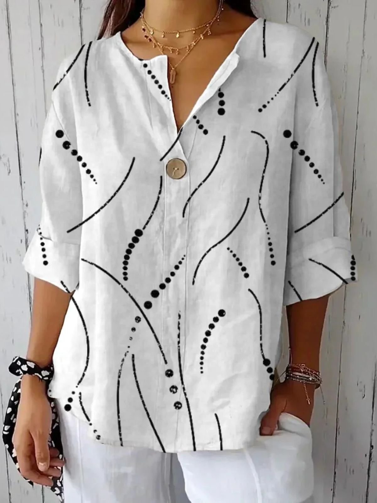 Blouses Géométrique Décontracté Printemps / Automne Coton Aucune élasticité Quotidien Ample Manches trois quarts Droit pour Femmes