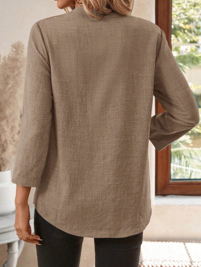 Chemises Décontracté Plain Printemps / Automne en Lin Col V Micro-élasticité Coupe Régulière Manches Longues Régulier pour Femmes