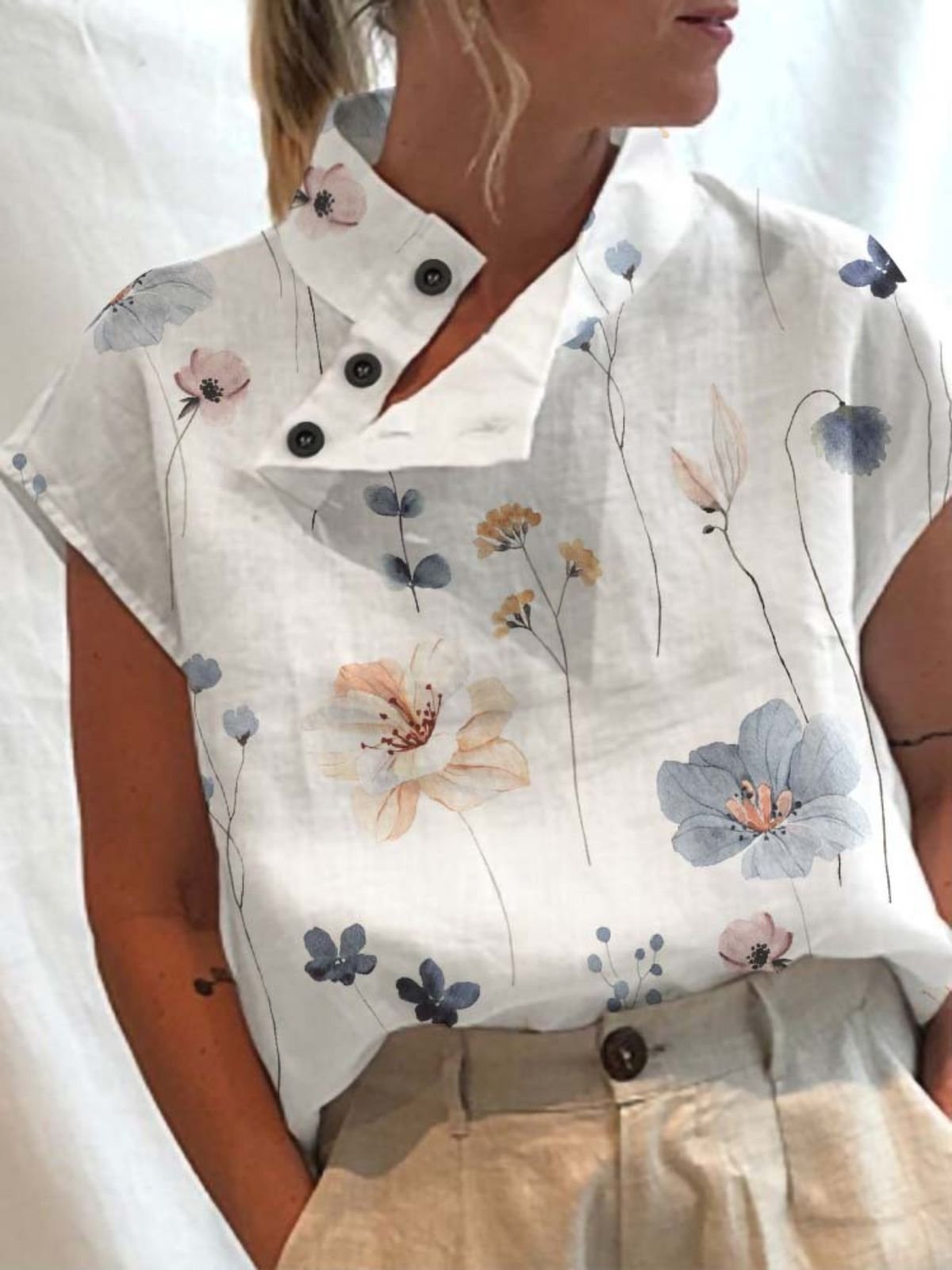 Blouses Femmes Simple Floral Été Quotidien Coupe Régulière Col Châle Régulier Droit Régulier