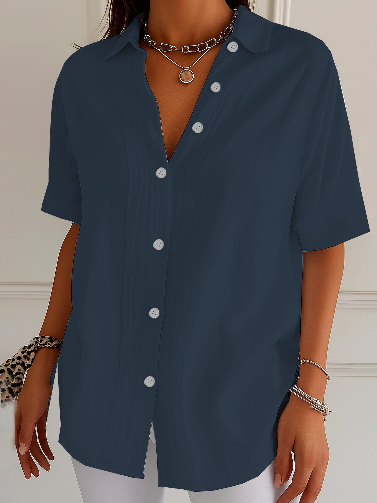 Chemises Femmes Décontracté Plain Été Polyester Micro-élasticité Manches Courtes Régulier Droit Col de Chemise