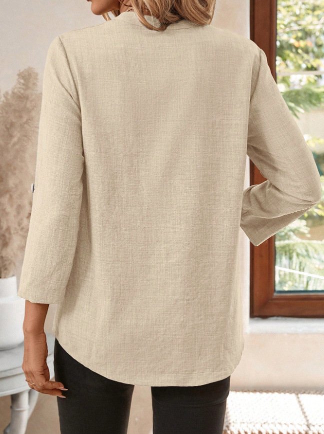 Chemises Décontracté Plain Printemps / Automne en Lin Col V Micro-élasticité Coupe Régulière Manches Longues Régulier pour Femmes