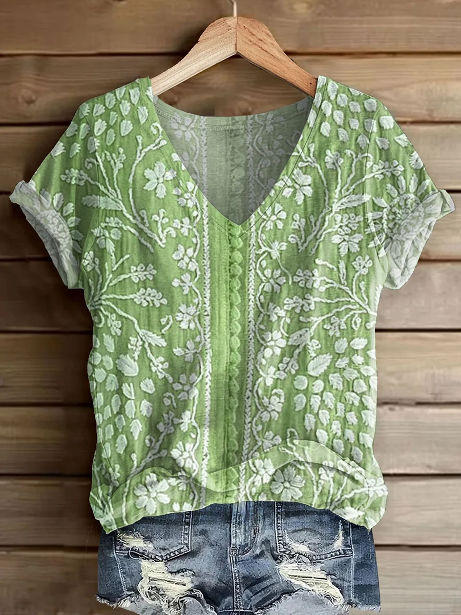 T-shirts Femmes Décontracté Floral Été Polyester Col V Imprimé Micro-élasticité Manches Courtes Régulier