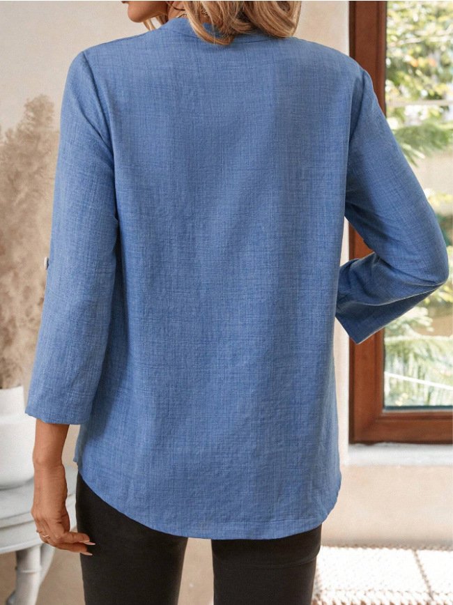 Chemises Décontracté Plain Printemps / Automne en Lin Col V Micro-élasticité Coupe Régulière Manches Longues Régulier pour Femmes