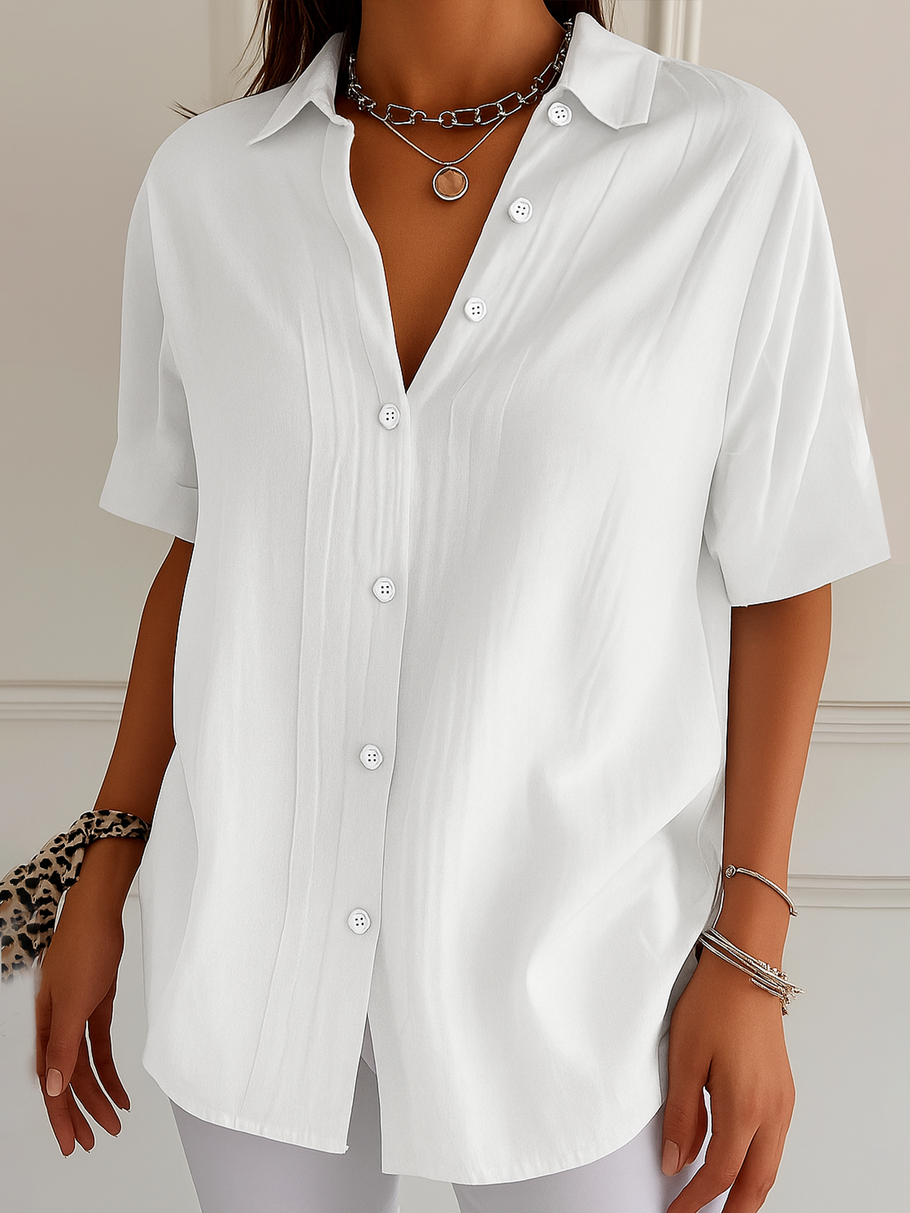 Chemises Femmes Décontracté Plain Été Polyester Micro-élasticité Manches Courtes Régulier Droit Col de Chemise