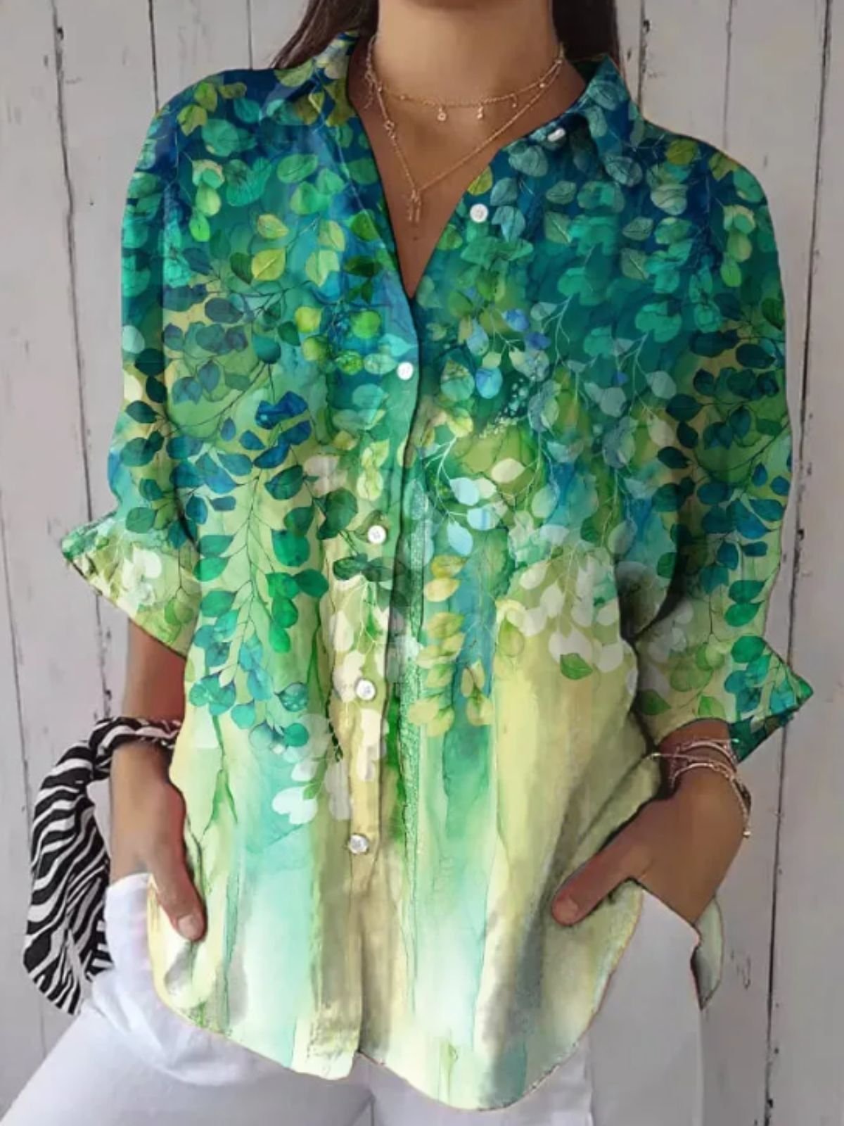 Chemises Femmes Simple Plantes Printemps / Automne Micro-élasticité Quotidien Manches Longues Régulier Trapèze Col de Chemise