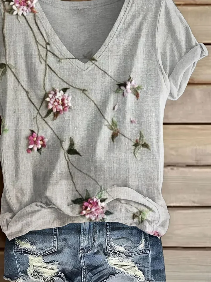 T-shirts Femmes Décontracté Floral Été Col V Imprimé Quotidien Manches Courtes Régulier Régulier