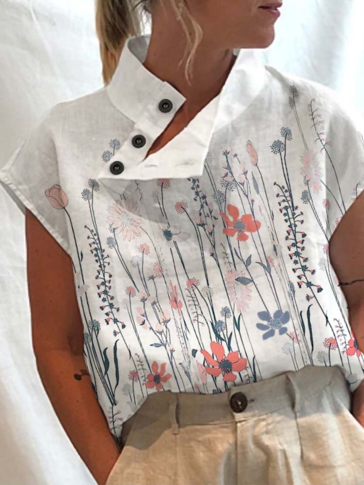 Blouses Femmes Simple Floral Été Quotidien Coupe Régulière Col Châle Régulier Droit Régulier