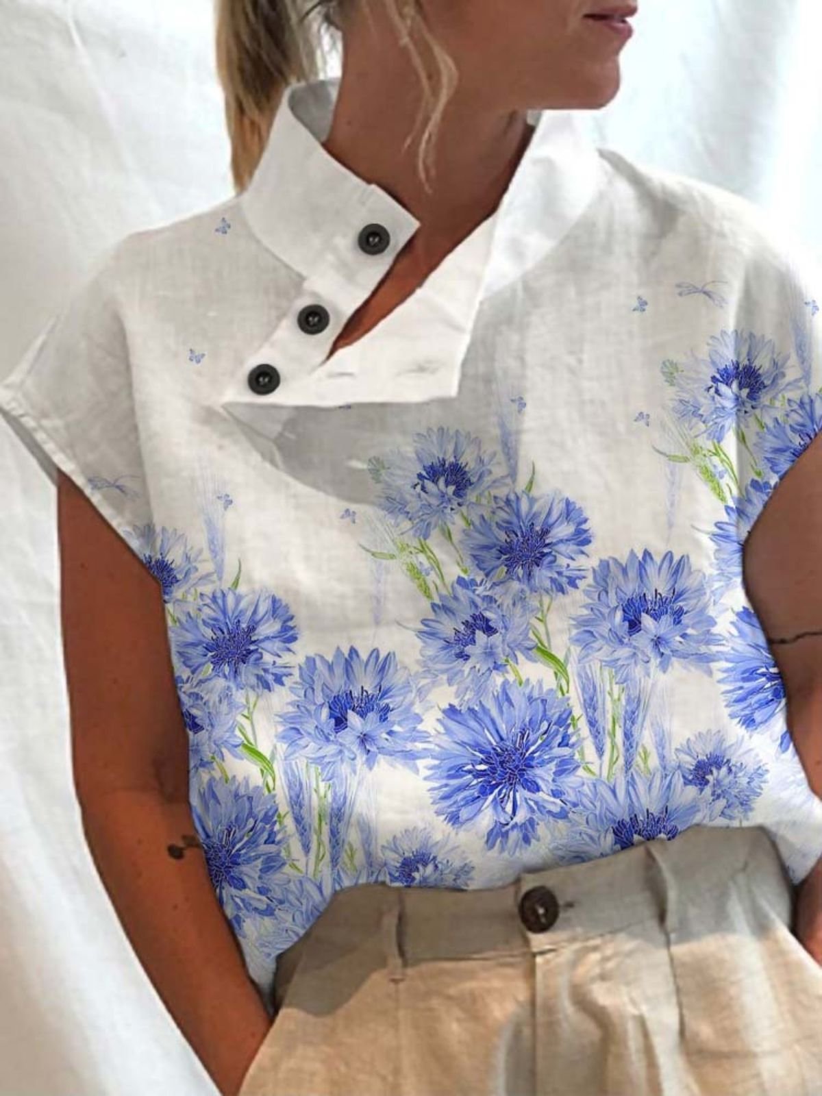 Blouses Femmes Simple Floral Été Quotidien Coupe Régulière Col Châle Régulier Droit Régulier