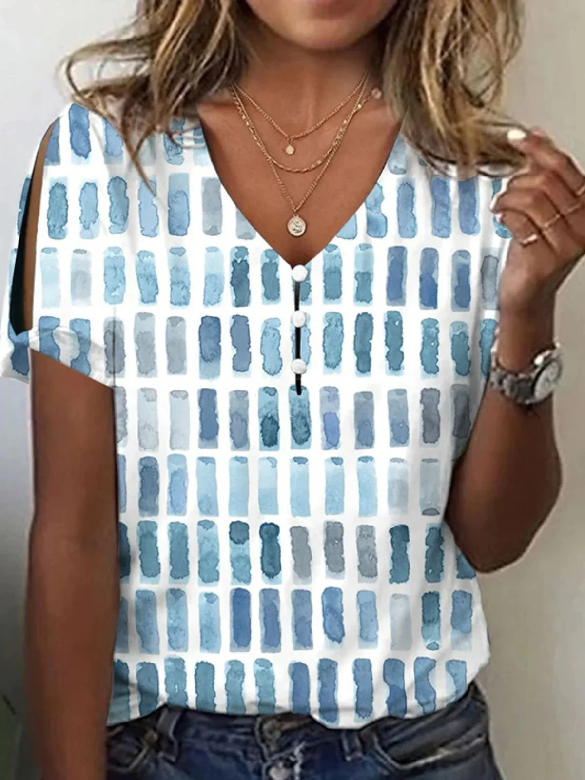 T-shirts Ombre Décontracté Été Col V Micro-élasticité Coupe Régulière Manches Courtes Régulier Régulier pour Femmes