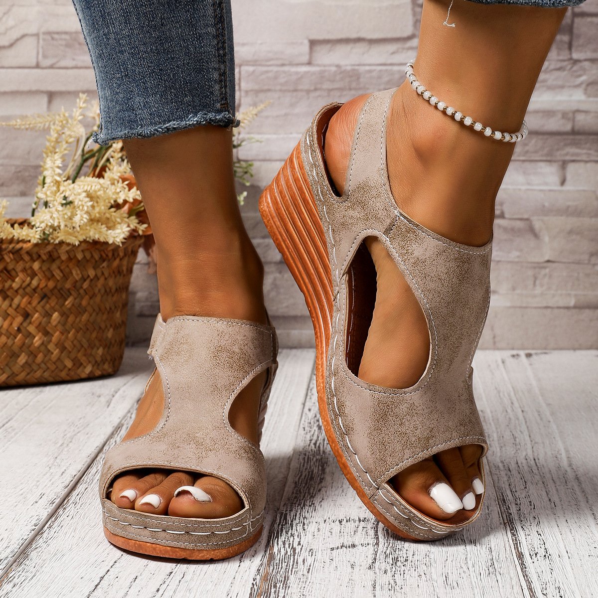 Sandales Rétro Plain Été Quotidien Cuir Cuir Talon de Bloc à Bout Ouvert Boucle Réglable pour Femmes