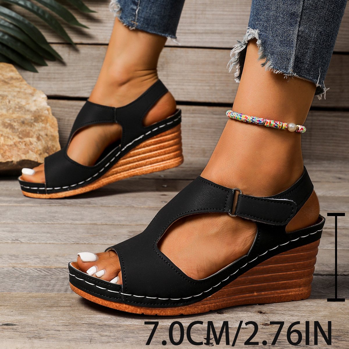 Sandales Rétro Plain Été Quotidien Cuir Cuir Talon de Bloc à Bout Ouvert Boucle Réglable pour Femmes