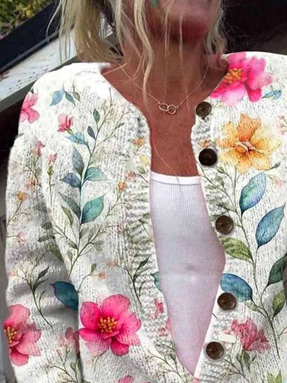 Cardigans Femmes Rétro Printemps / Automne impression en 3D Tricoté Micro-élasticité Quotidien Ample Col Rond Droit