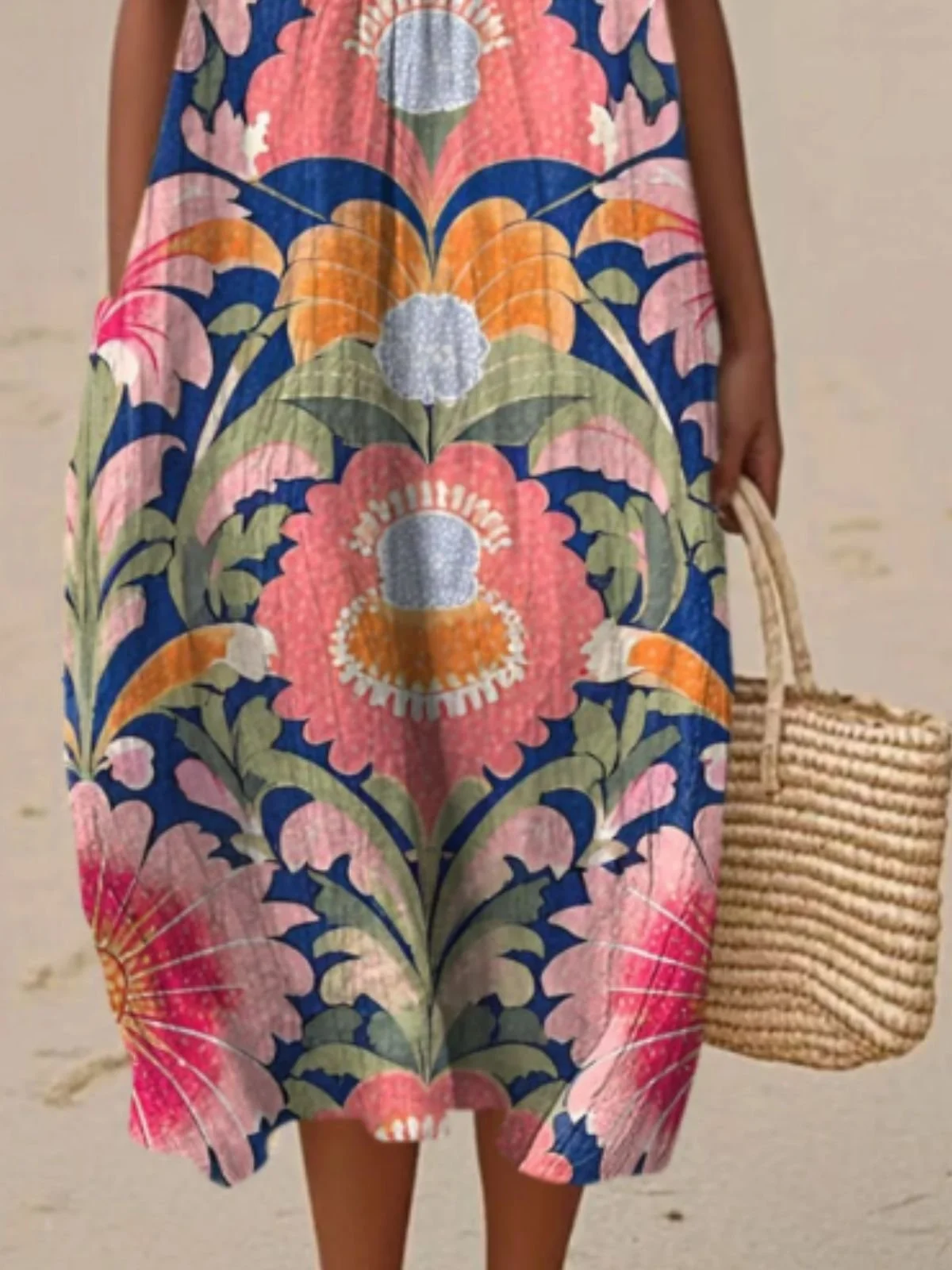 Femmes Floral Pêche Col Rond Confortable Robe Maxi Décontracté