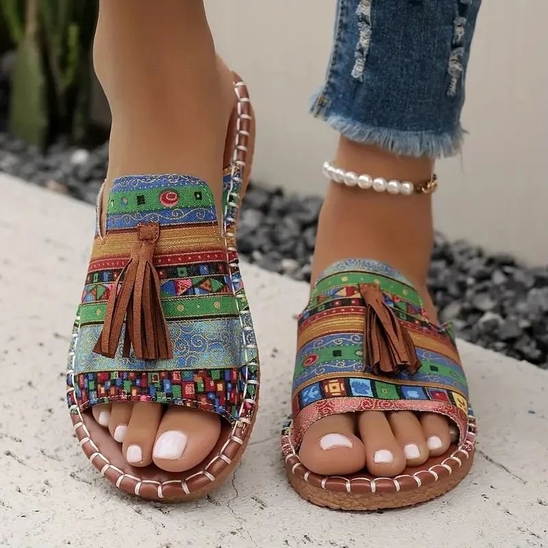Sandales Géométrique Boho Été Quotidien Cuir Verni Toit ouvert flocage Sandales Antidérapantes à Enfiler pour Femmes