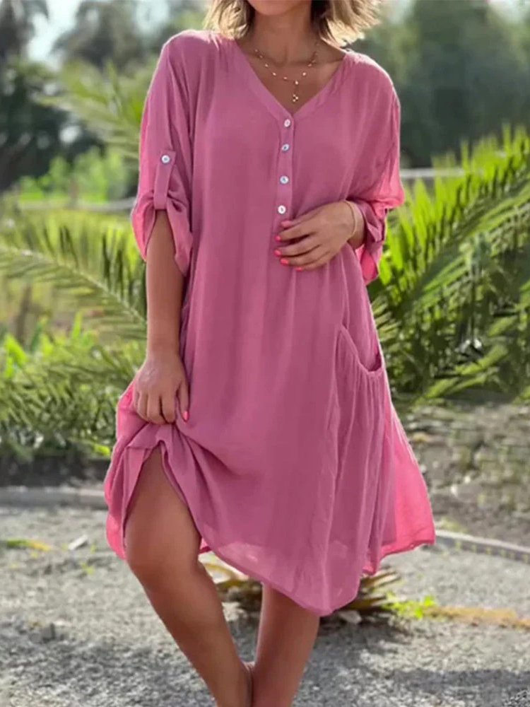 Femmes Plain Rose Col V Confortable Robe Mi-Longue Décontracté