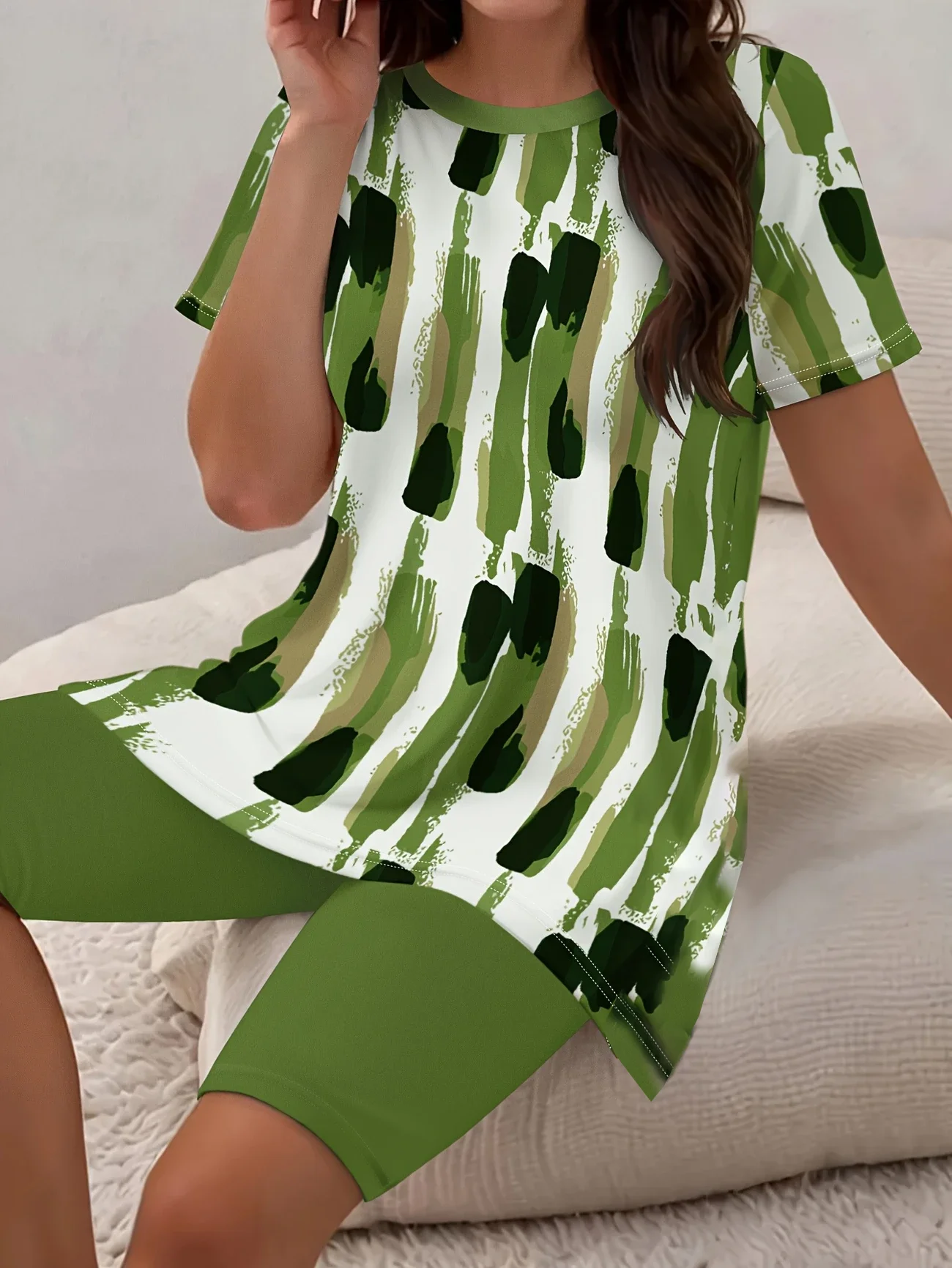 Deux Pièces Ensembles Femmes Simple Polyester d'été abstrait Naturel Quotidien Coupe Régulière Manches Courtes Droit