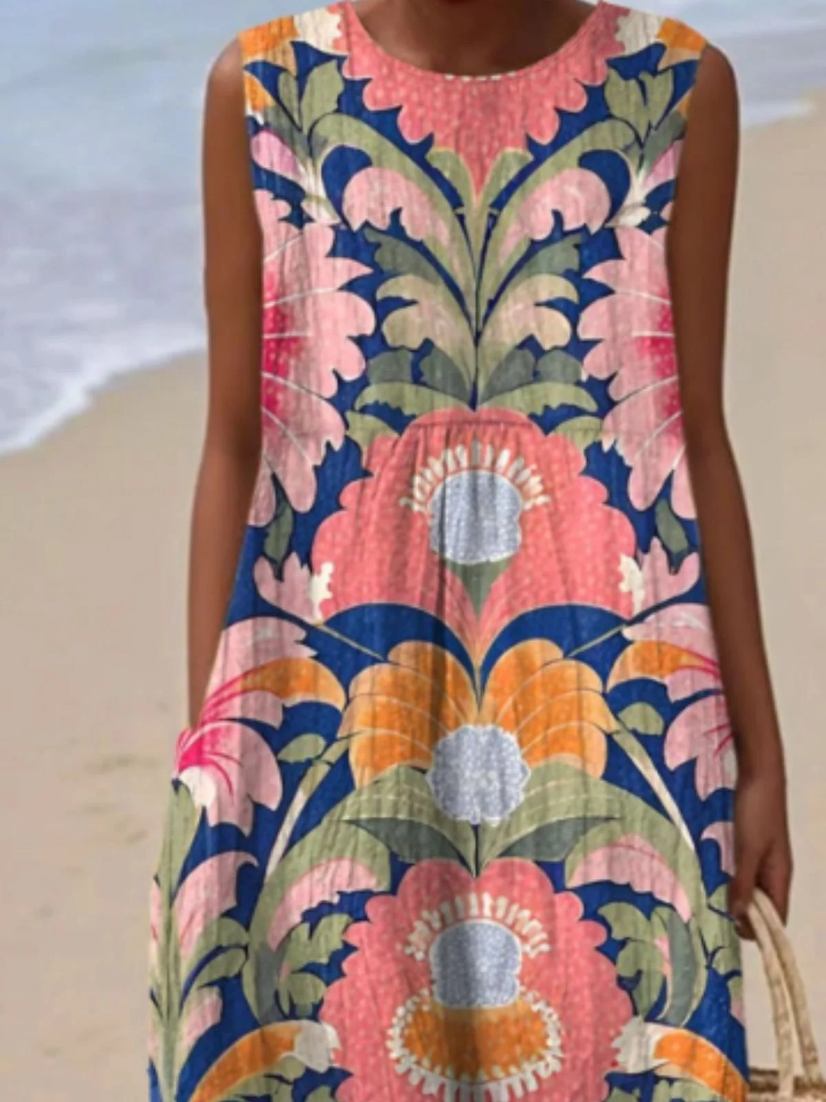 Femmes Floral Pêche Col Rond Confortable Robe Maxi Décontracté
