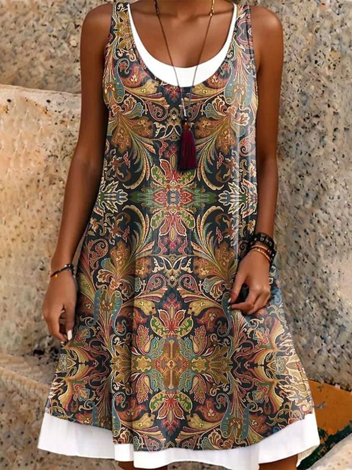Femmes Floral Brun Col Rond Confortable Robe Mi-Longue Rétro