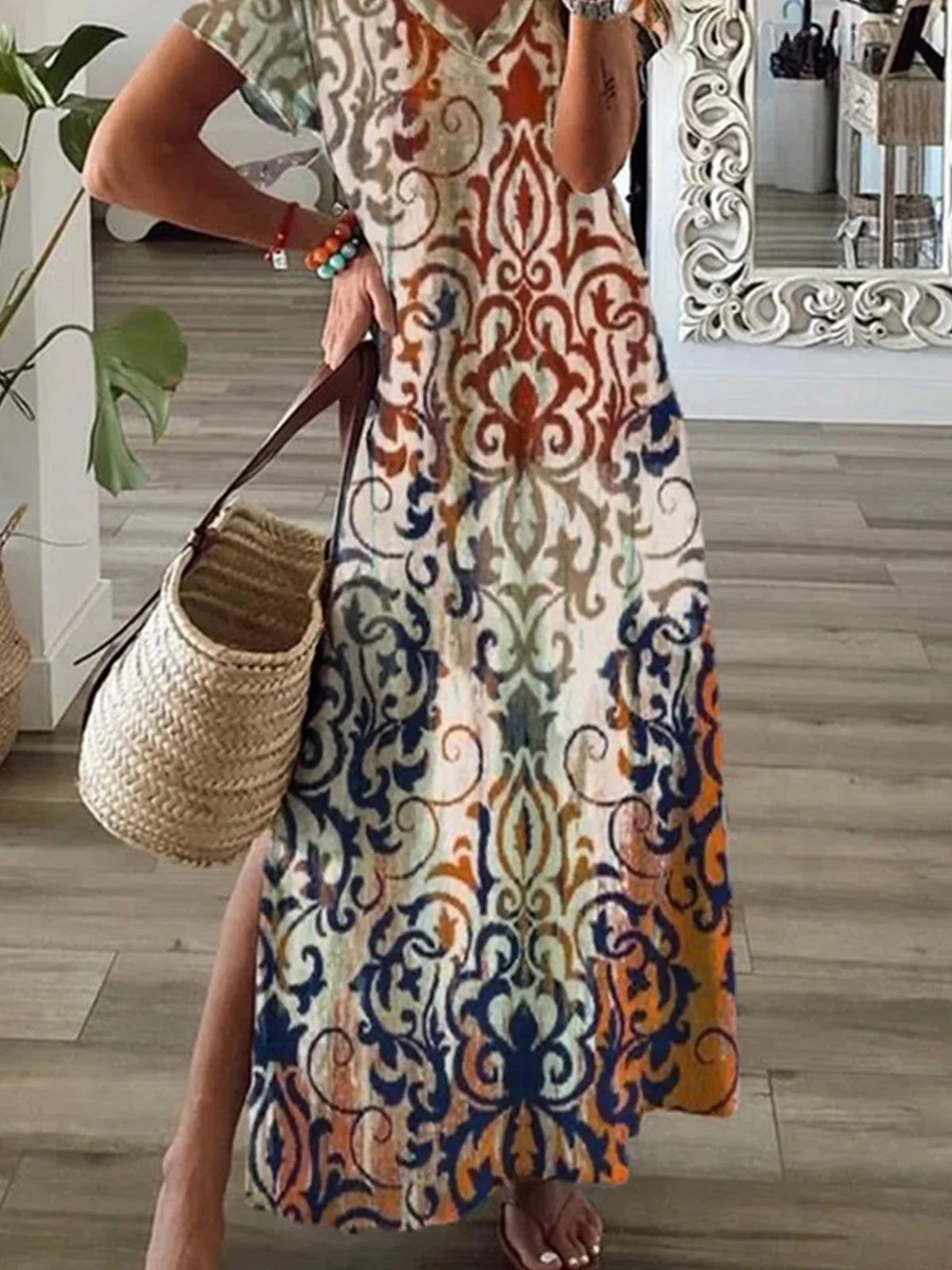 Femmes Floral Comme Image Col V Confortable Robe Mi-Longue Décontracté