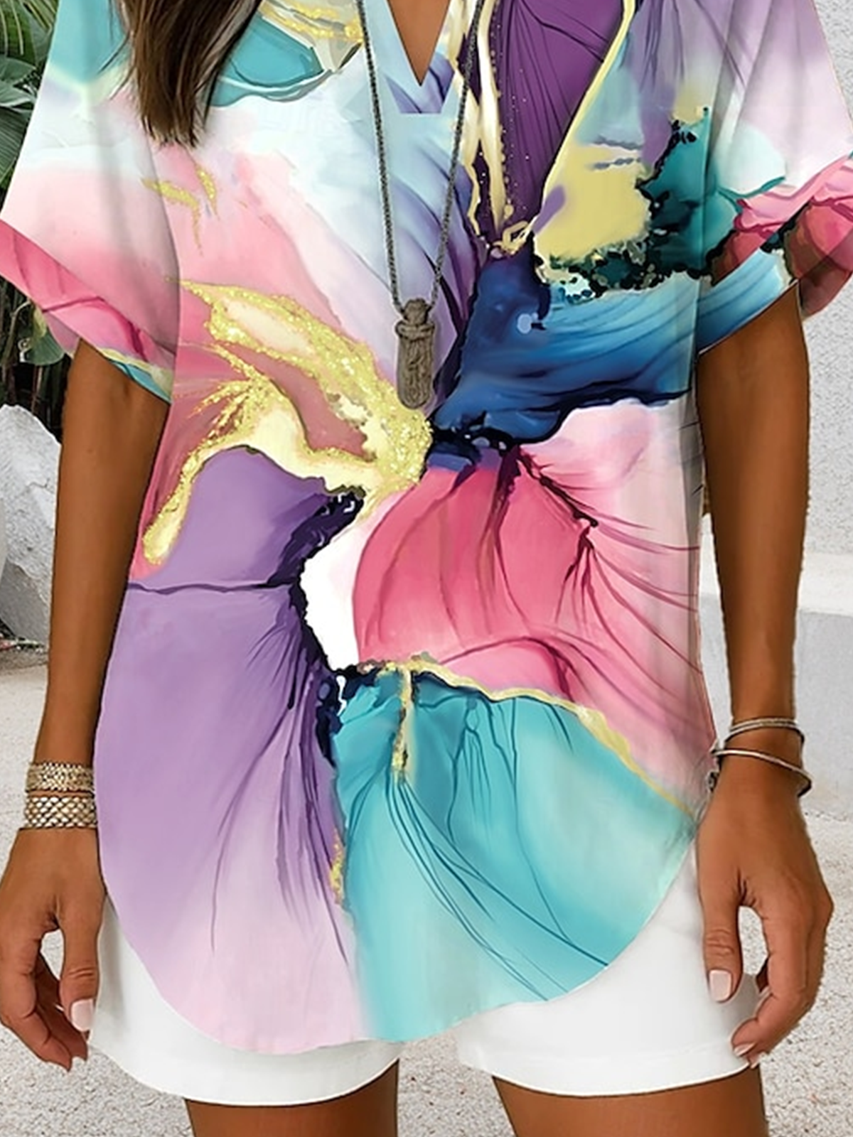 Blouses Élégant Été Abstrait Graphique Coton Aucune élasticité Ample Col Châle Droit Régulier pour Femmes