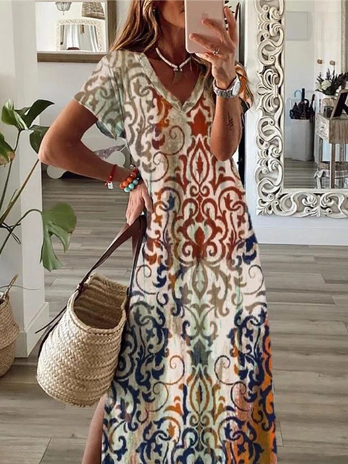 Femmes Floral Comme Image Col V Confortable Robe Mi-Longue Décontracté