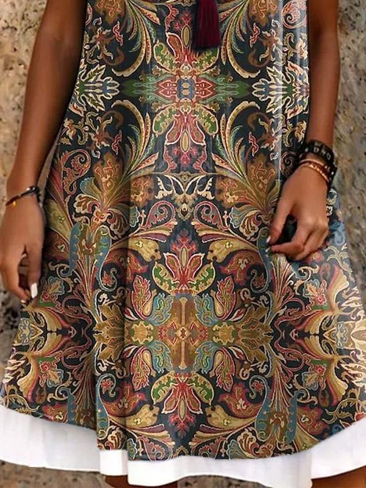 Femmes Floral Brun Col Rond Confortable Robe Mi-Longue Rétro
