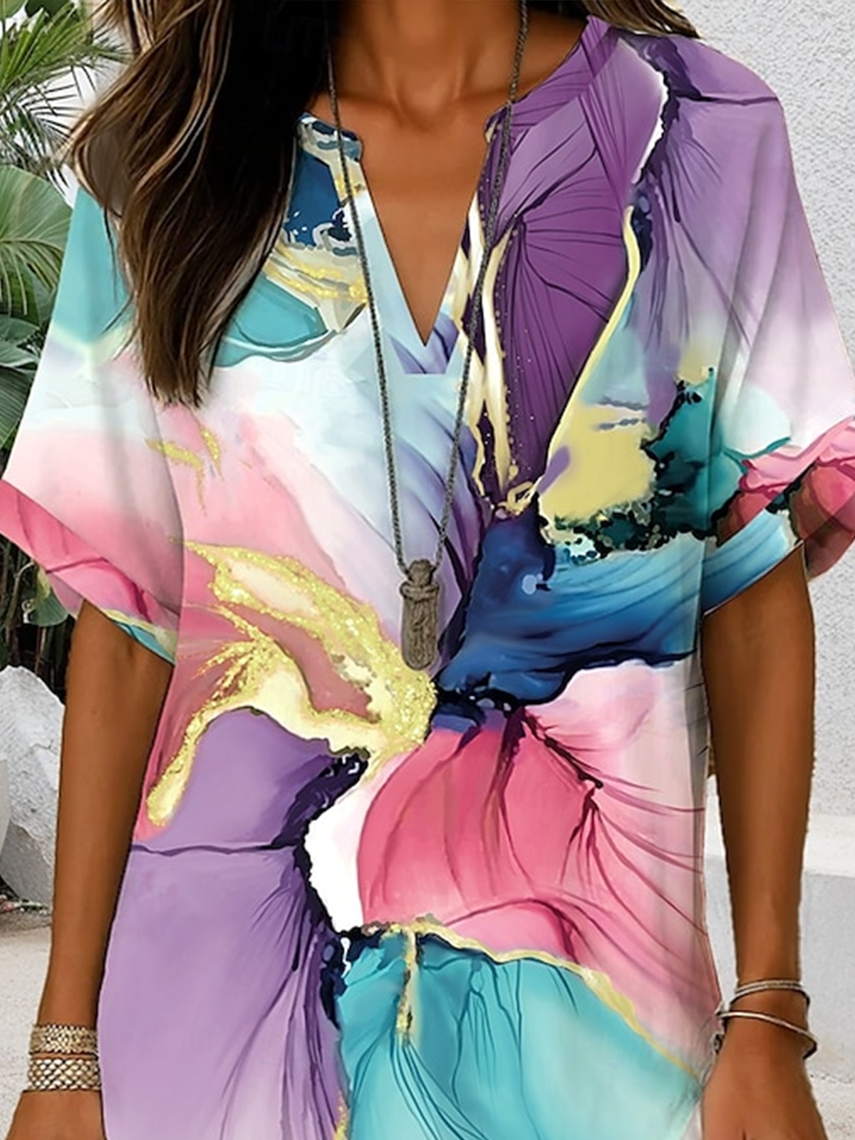 Blouses Élégant Été Abstrait Graphique Coton Aucune élasticité Ample Col Châle Droit Régulier pour Femmes