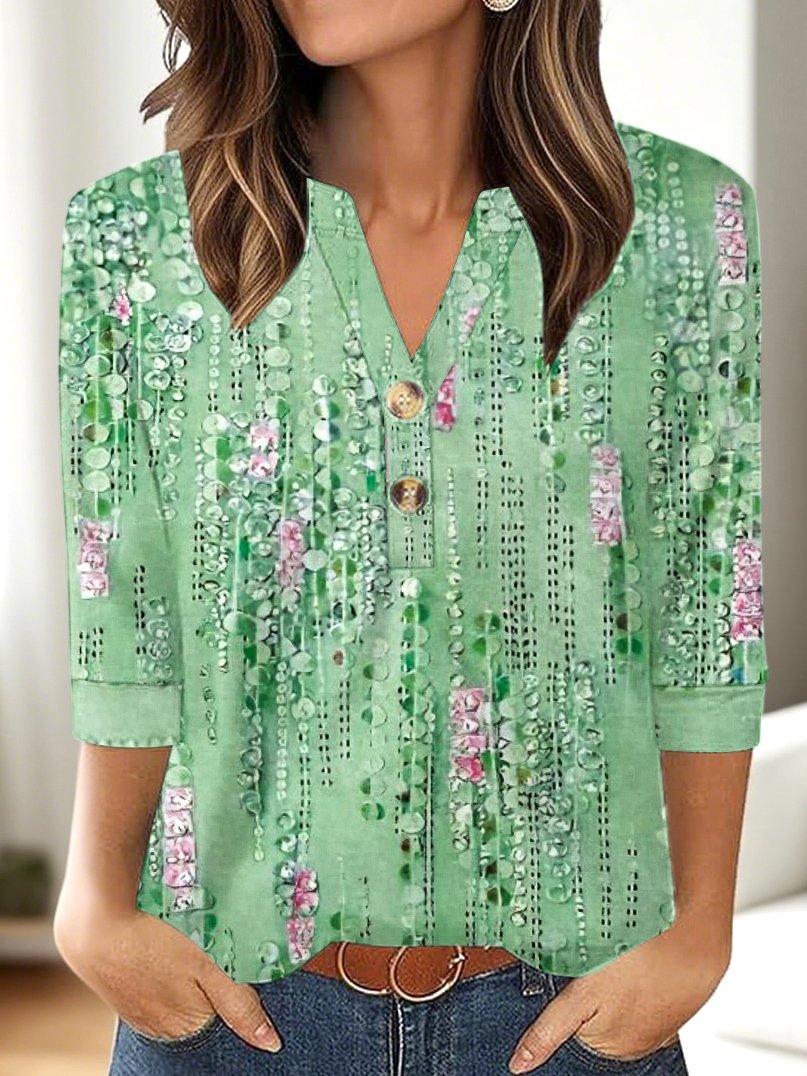 T-shirts Décontracté Floral Printemps / Automne Polyester Micro-élasticité Quotidien Coupe Régulière Manches trois quarts Trapèze pour Femmes