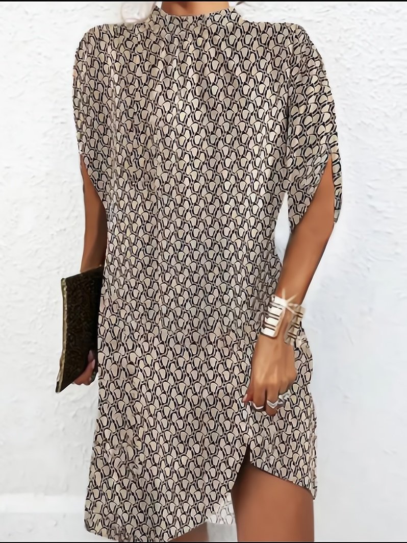 Femmes Géométrique Bleu Col Rond Confortable Imprimé Robe Mi-Longue Rétro