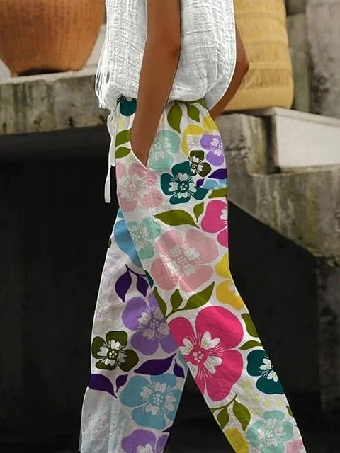 Pantalons Femmes Décontracté Floral Printemps / Automne Polyester Naturel Quotidien Ample Droit Régulier
