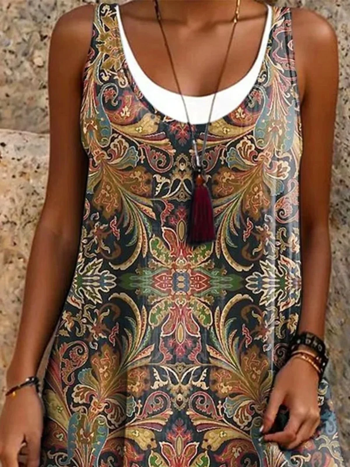 Femmes Floral Brun Col Rond Confortable Robe Mi-Longue Rétro