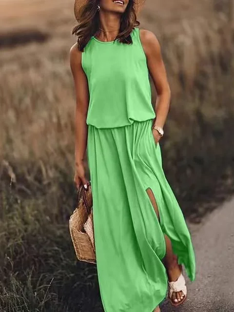 Femmes Plain Jaune Col Rond Confortable Joint Fendu Robe Maxi Rétro