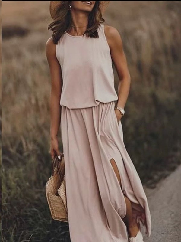 Femmes Plain Jaune Col Rond Confortable Joint Fendu Robe Maxi Rétro