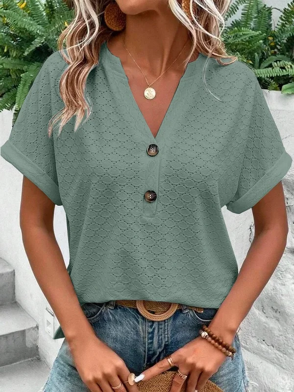 T-shirts Femmes Rue Plain Été Acrylique Col V Micro-élasticité Sortie Manches Courtes Régulier