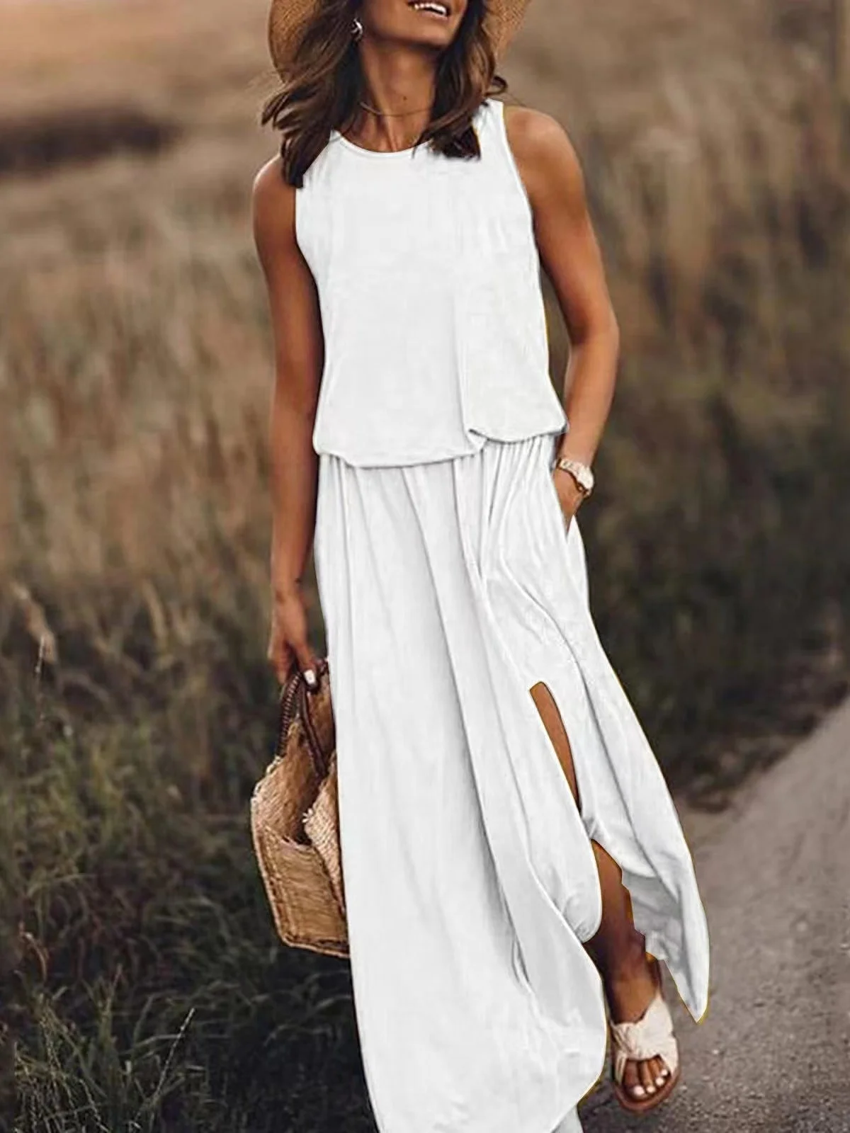 Femmes Plain Jaune Col Rond Confortable Joint Fendu Robe Maxi Rétro