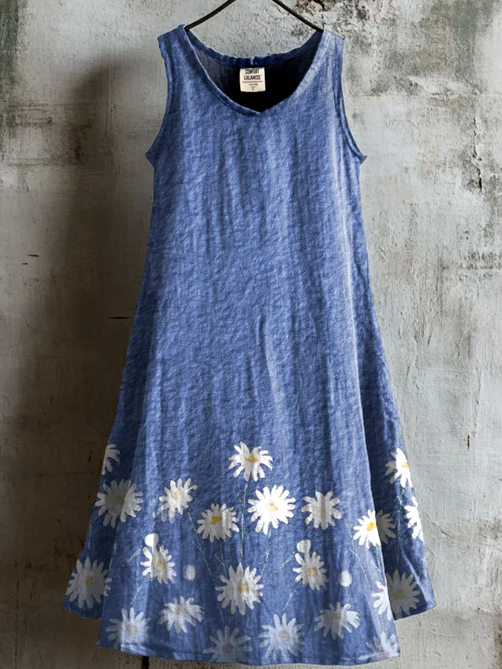 Femmes Floral Bleu Col Rond Confortable Robe Mi-Longue Décontracté