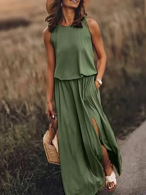 Femmes Plain Jaune Col Rond Confortable Joint Fendu Robe Maxi Rétro
