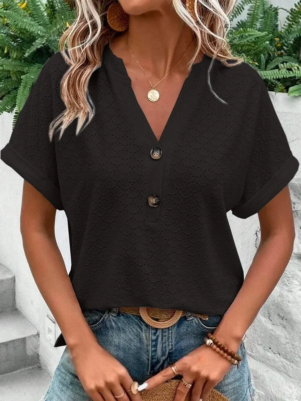 T-shirts Femmes Rue Plain Été Acrylique Col V Micro-élasticité Sortie Manches Courtes Régulier