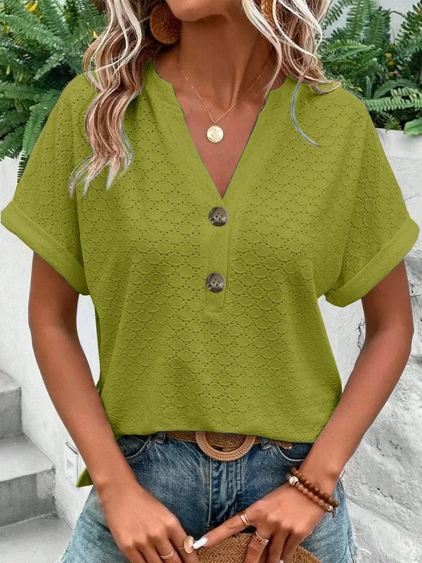 T-shirts Femmes Rue Plain Été Acrylique Col V Micro-élasticité Sortie Manches Courtes Régulier