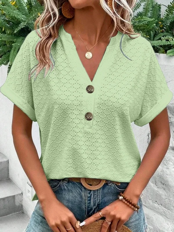 T-shirts Femmes Rue Plain Été Acrylique Col V Micro-élasticité Sortie Manches Courtes Régulier