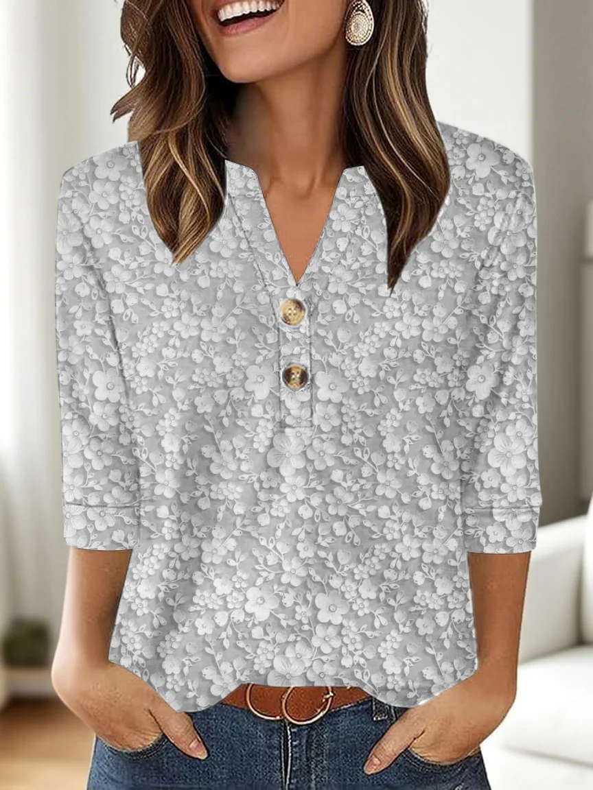T-shirts Décontracté Floral Printemps / Automne Polyester Col V Micro-élasticité Manches trois quarts Trapèze Régulier pour Femmes
