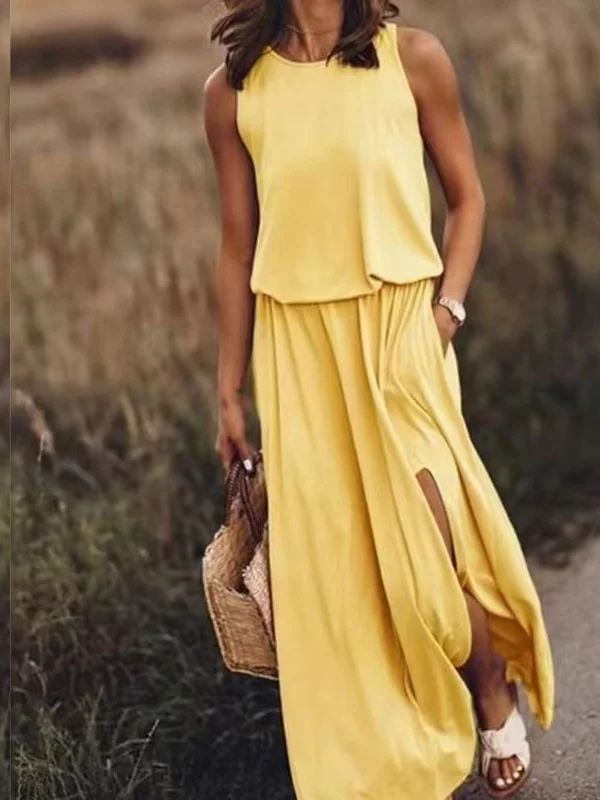 Femmes Plain Jaune Col Rond Confortable Joint Fendu Robe Maxi Rétro