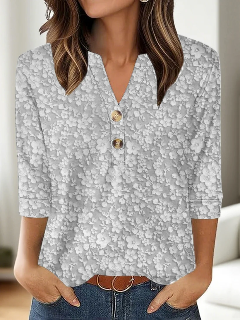 T-shirts Décontracté Floral Printemps / Automne Polyester Col V Micro-élasticité Manches trois quarts Trapèze Régulier pour Femmes